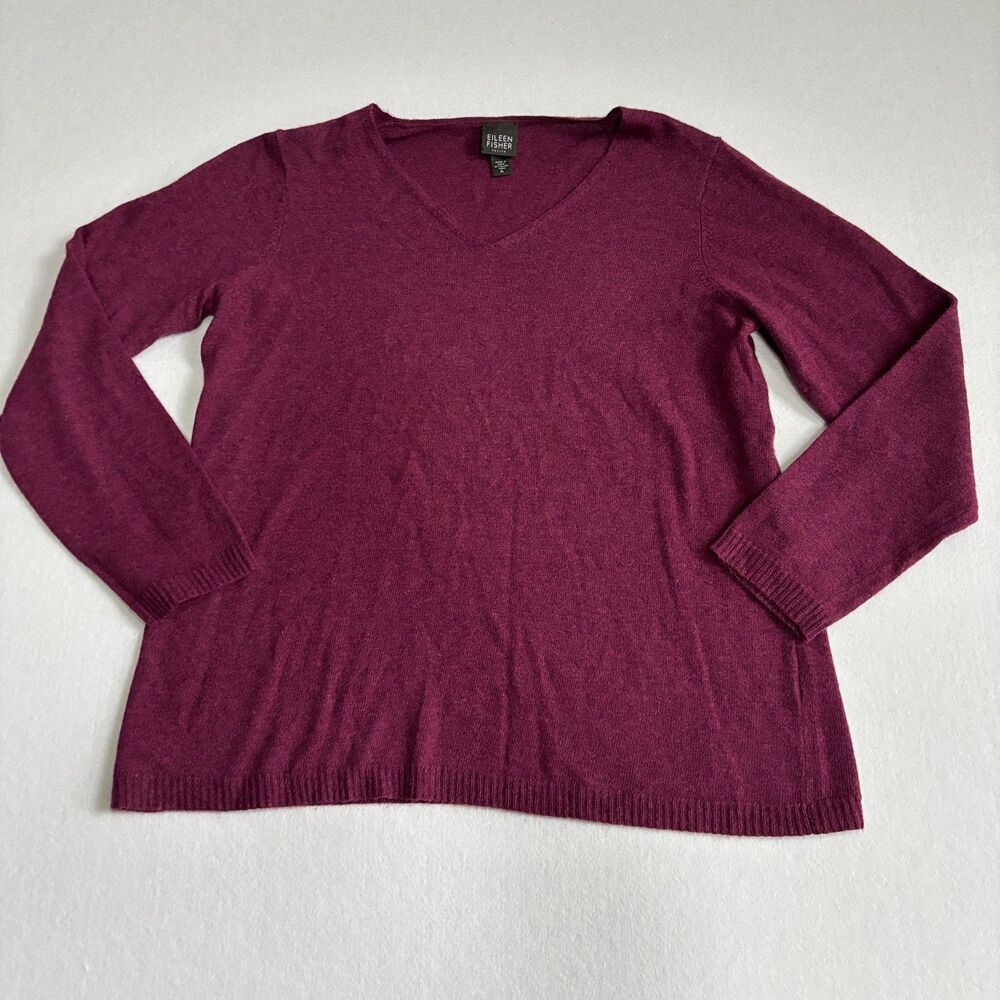 Eileen Fisher Wool Rabit Hair Cashmere Sweater Womens LP Burgundy V Neck Soft - Picture 1 of 6